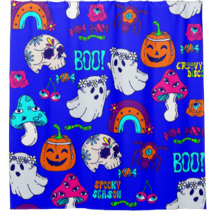 groovy halloween spooky disco creepy mushrooms shower curtain