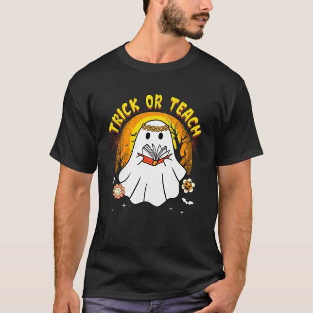 Groovy Halloween Teacher Floral Ghost Trick Or Tea T-Shirt (Front)