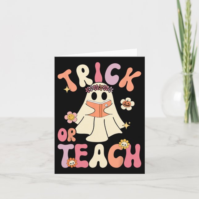 Groovy Halloween Trick Or Teach Retro Floral Ghost Card (Front)