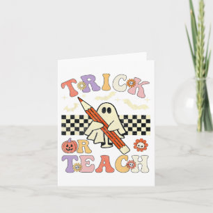 Groovy Halloween Trick Or Teach Retro Floral Ghost Card