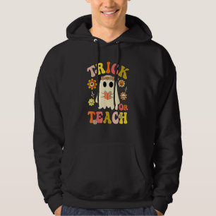 Groovy Halloween Trick Or Teach Retro Floral Ghost Hoodie