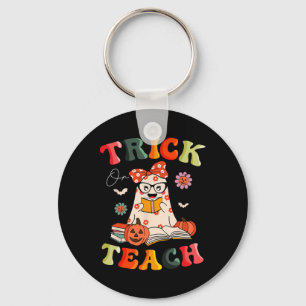 Groovy Halloween Trick or Teach Retro Floral Ghost Key Ring