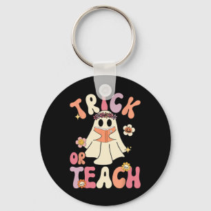 Groovy Halloween Trick or Teach Retro Floral Ghost Key Ring