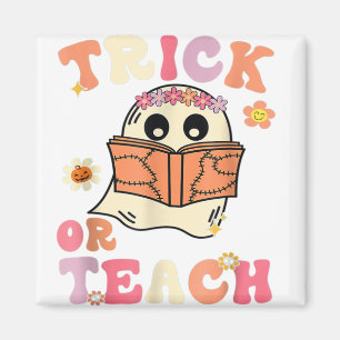 Groovy Halloween Trick Or Teach Retro Floral Ghost Magnet