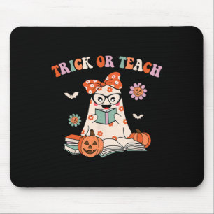 Groovy Halloween Trick or Teach Retro Floral Ghost Mouse Pad