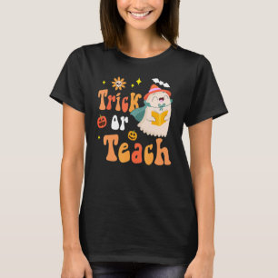 Groovy Halloween Trick or Teach Retro Floral Ghost T-Shirt