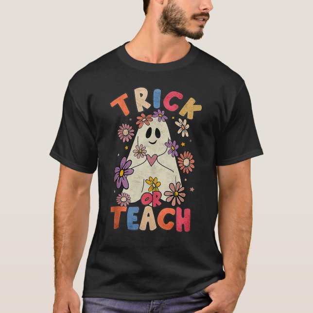 Groovy Halloween Trick Or Teach Retro Floral Ghost T-Shirt (Front)
