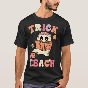 Groovy Halloween Trick or Teach Retro Floral Ghost T-Shirt