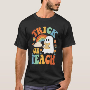 Groovy Halloween Trick or Teach Retro Floral Ghost T-Shirt