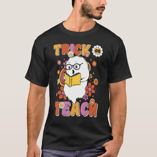 Groovy Halloween Trick or Teach Retro Floral Ghost T-Shirt (Front)