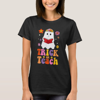 Groovy Halloween Trick or Teach Retro Floral Ghost T-Shirt