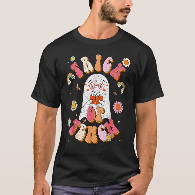 Groovy Halloween Trick or Teach Retro Floral Ghost T-Shirt (Front)