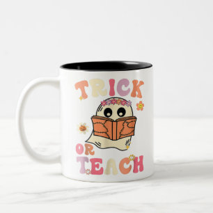Groovy Halloween Trick Or Teach Retro Floral Ghost Two-Tone Coffee Mug
