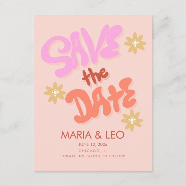 Groovy Hand Drawn Lettering Save the Date Postcard (Front)