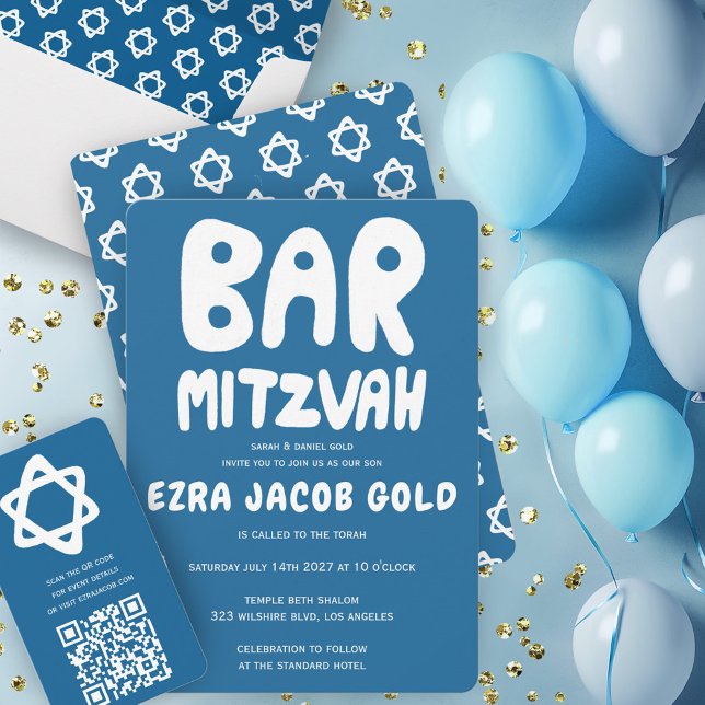 Groovy Handlettering Custom Bar Mitzvah Blue Stars Invitation (Groovy Handlettering Custom Bar Mitzvah Blue Stars Invitation Collection)