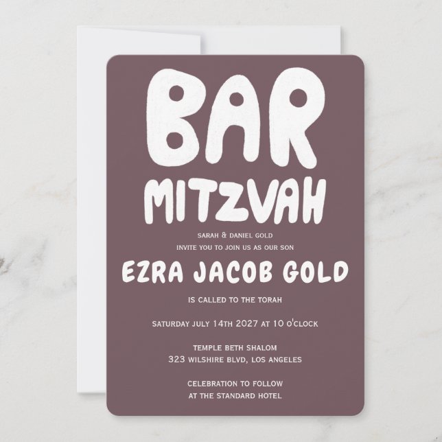 Groovy Handlettering Custom Bar Mitzvah Burgundy  Invitation (Front)