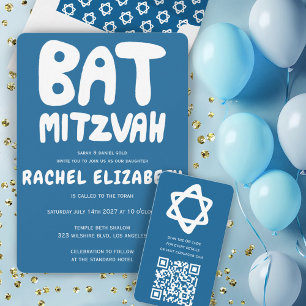 Groovy Handlettering Custom Bat Mitzvah Blue Stars Invitation
