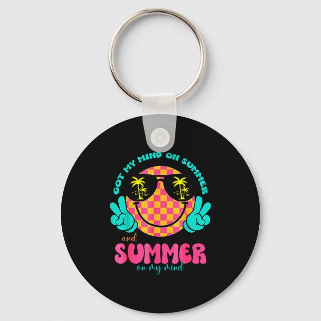 Groovy Happy Face Summer Vibes Got My Mind On Summ Key Ring (Front)