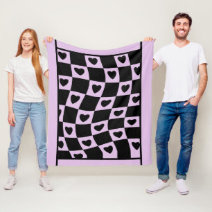 Groovy Heart Shape Chequerboard, Y2K 90s Fleece Blanket