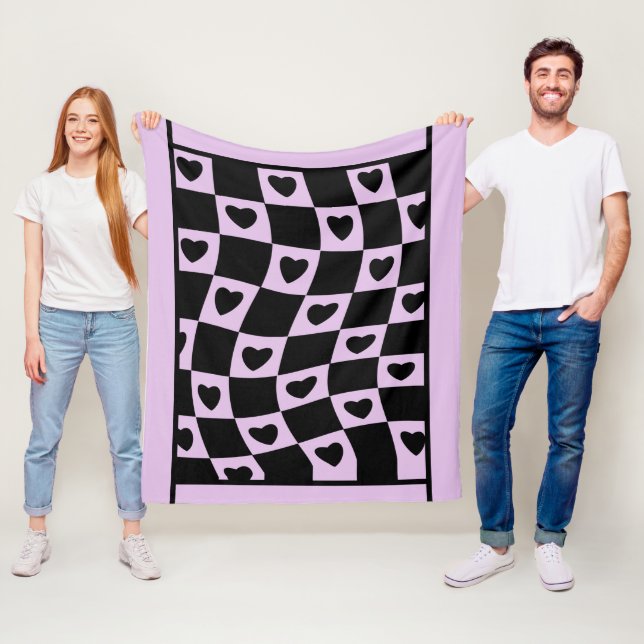 Groovy Heart Shape Chequerboard, Y2K 90s Fleece Blanket (In Situ)