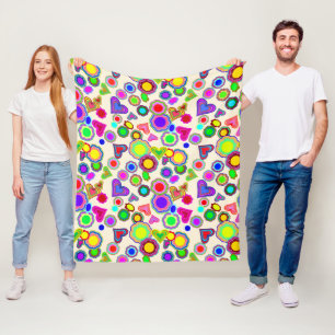 Groovy Hearts Colorful Flowers Fleece Blanket