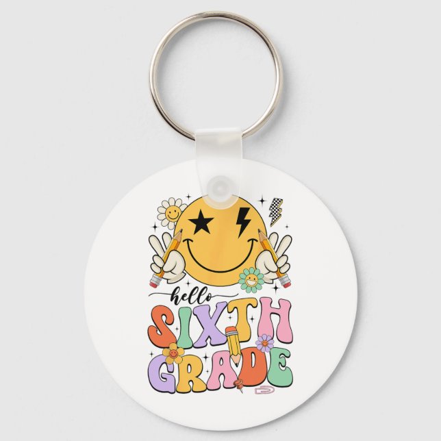 Groovy Hello 6th Grade First Day Of School Boys Gi Key Ring (Front)