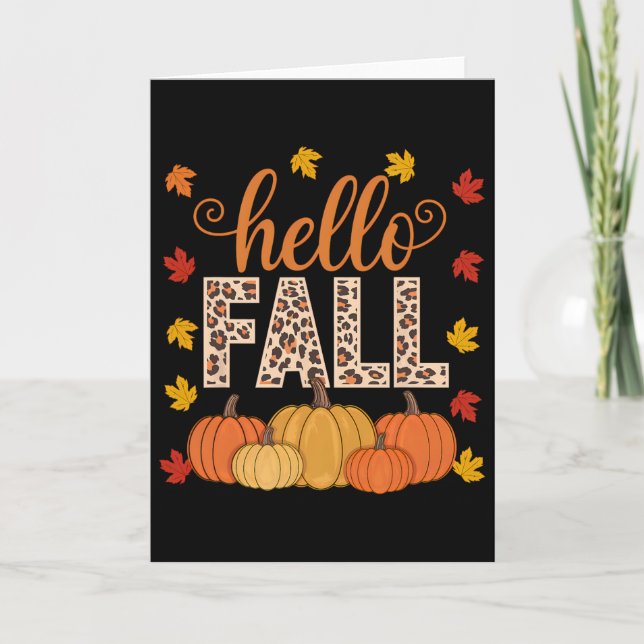 Groovy Hello Fall Autumn Maple Leaves Pumpkin Leop Card (Front)