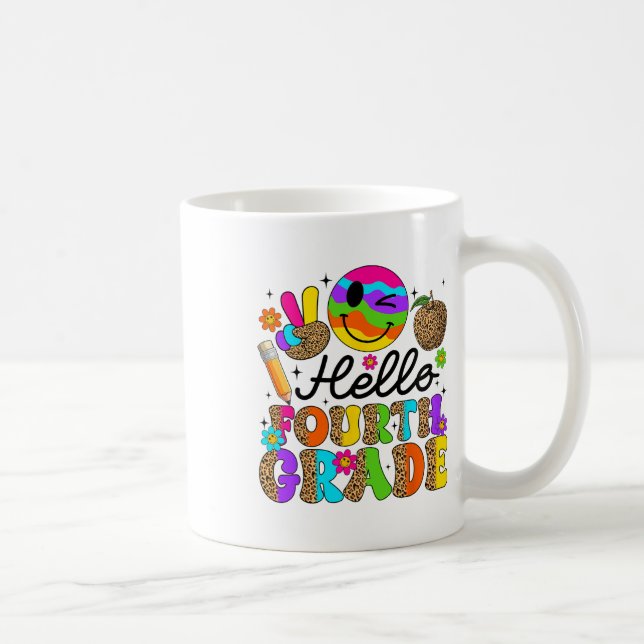 Groovy Hello Fourth Grade Students Leopard 1st Day Coffee Mug (Right)