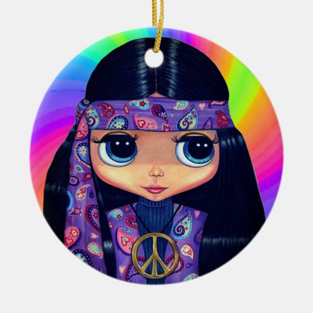 Groovy Hippie Chick in Purple Peace Sign Headband Ceramic Ornament (Front)