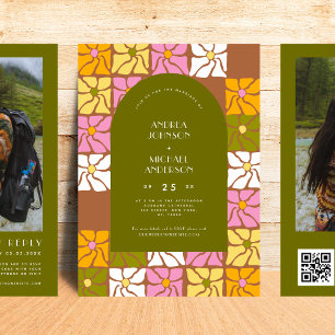 Groovy Hippie Floral Boho Arch QR Code Wedding     Invitation