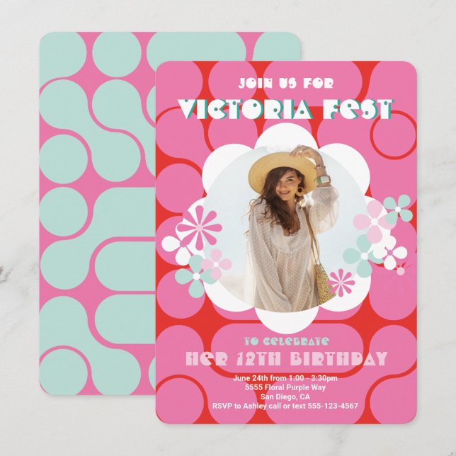 Groovy Hippie Flower Power Photo Birthday Festival Invitation (Front/Back)