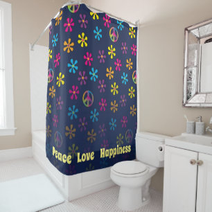 Groovy Hippie Peace and Flower Shower blue fade Curtain