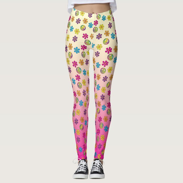 Groovy Hippie Peace and Flower Shower pink fade Leggings (Front)