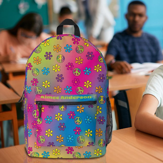 Groovy Hippie Peace and Flower Shower Tie Dye Printed Backpack (Creator Uploaded)