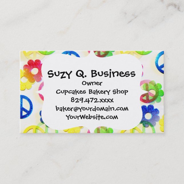 Groovy Hippie Peace Signs Flower Power Sparkle Business Card (Front)