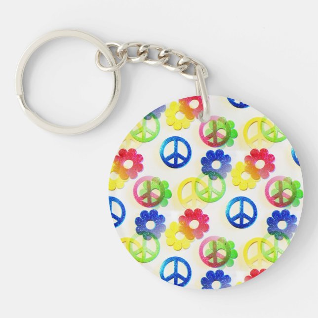 Groovy Hippie Peace Signs Flower Power Sparkle Key Ring (Front)
