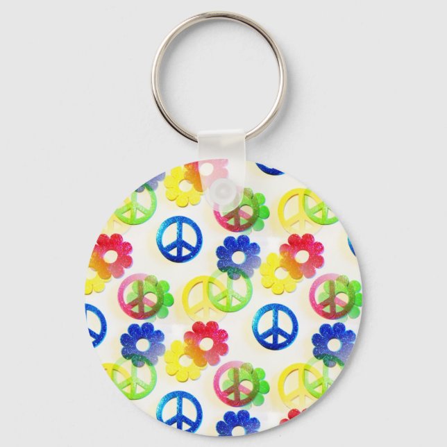 Groovy Hippie Peace Signs Flower Power Sparkles Key Ring (Front)