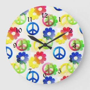 Groovy Hippie Peace Signs Flower Power Sparkles Large Clock
