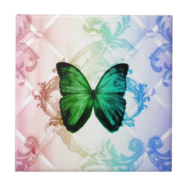 Groovy Hippie rainbow boho teal green butterfly Ceramic Tile (Front)
