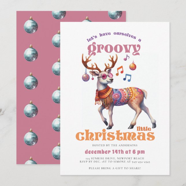 Groovy Hippie Reindeer Funny Disco Christmas Party Invitation (Front/Back)
