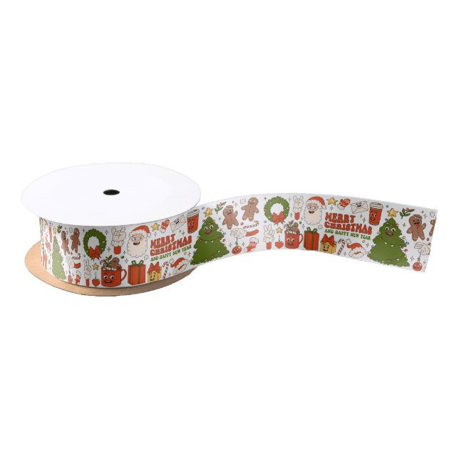 Groovy Hippie Retro Merry Christmas Santa Funny Satin Ribbon (Spool)