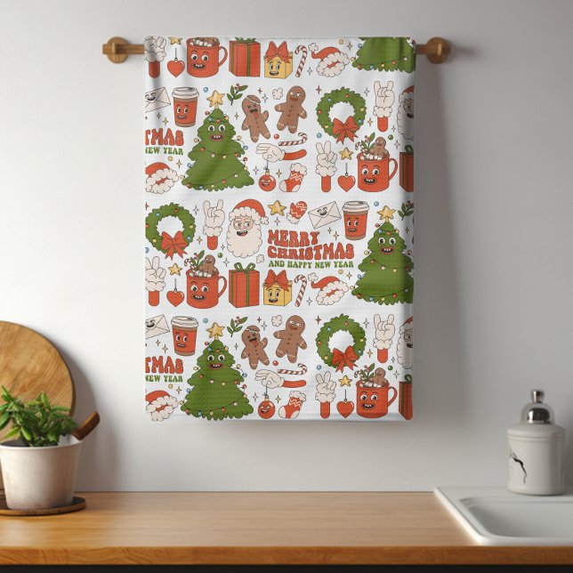 Groovy Hippie Retro Merry Christmas Santa Funny Tea Towel (Creator Uploaded)