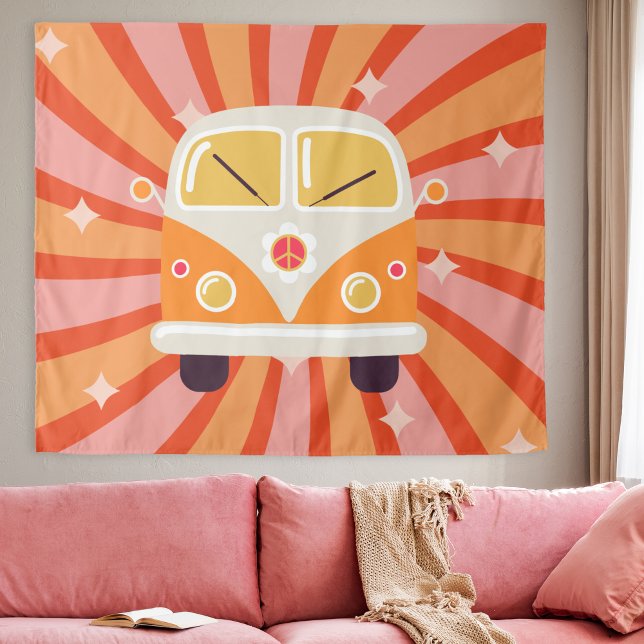 Groovy Hippie Van Pink & Orange 60s Retro Tapestry (Groovy Hippie Van Pink & Orange 60s Retro Tapestry party backdrop decoration college dorm room decor)