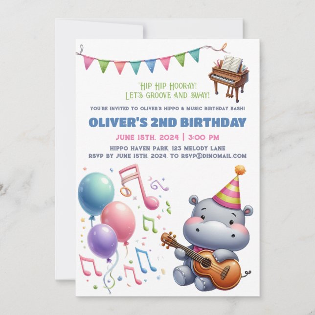 "Groovy Hippo Birthday Bash Bonanza!" Invitation (Front)