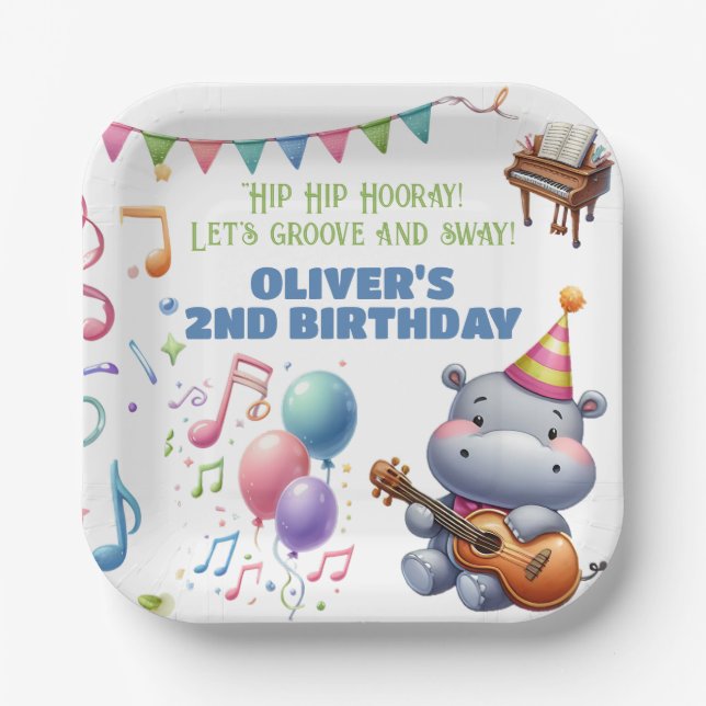 "Groovy Hippo Birthday Bash Bonanza!" Invitation Paper Plate (Front)