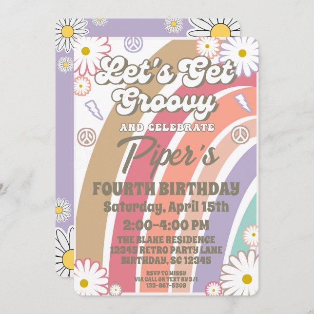 Groovy Hippy Boho Rainbow & Daisy Girls Birthday I Invitation (Front/Back)