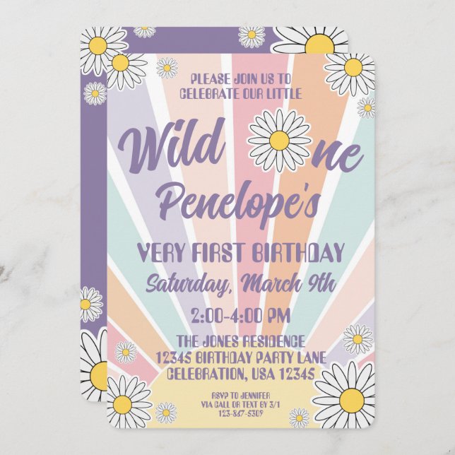 Groovy Hippy Sun & Daisy 1st Birthday Invitation (Front/Back)