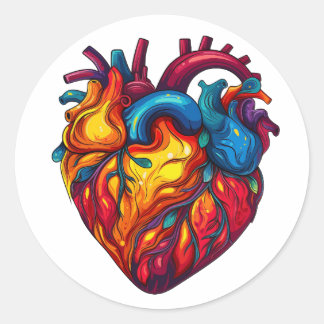 Groovy Human Heart Anatomy Design | Retro Colours Classic Round Sticker