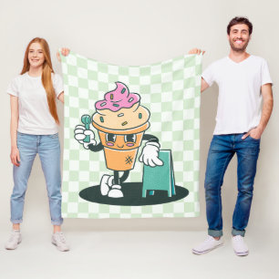 Groovy Ice Cream Cone 60s Retro Green Checkered Fleece Blanket