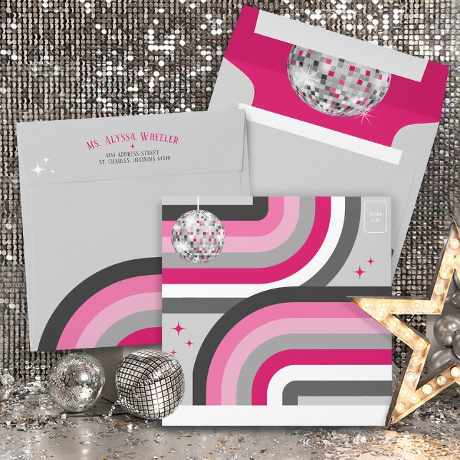 Groovy Last Disco Ball Bachelorette Invitation Envelope (Retro groovy 70's stripes Bride's Last Disco ball hot pink gray invitation addressed square envelope)